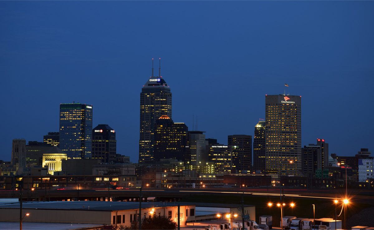 Downtown Indianapolis skyline at night.